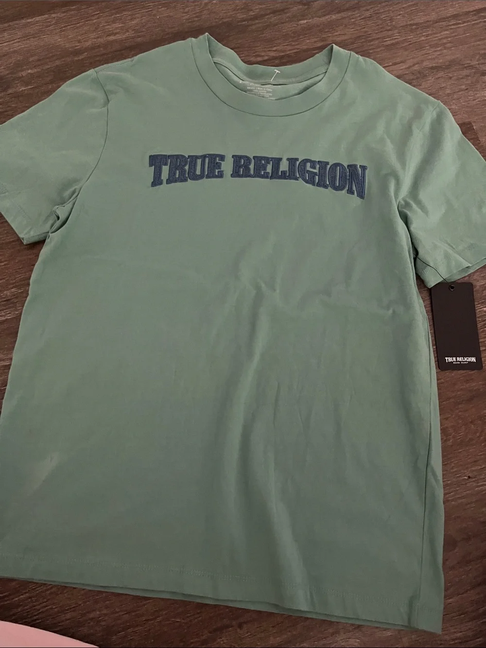 True Religion Sage Green Tee with Navy Logo